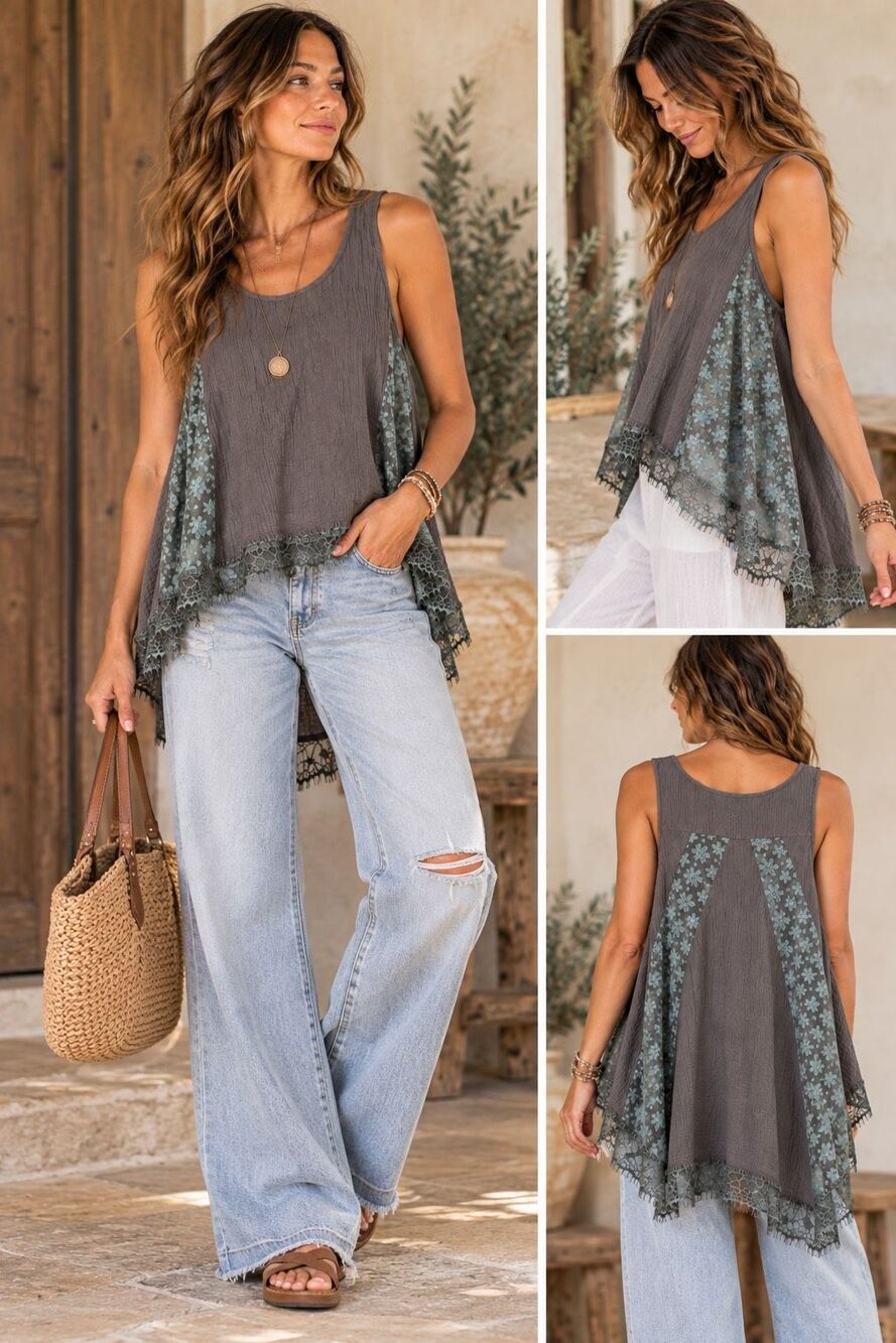 POL size M 100% Cotton Boho Lace Trim Tank Top Gray Teal Floral cottagecore